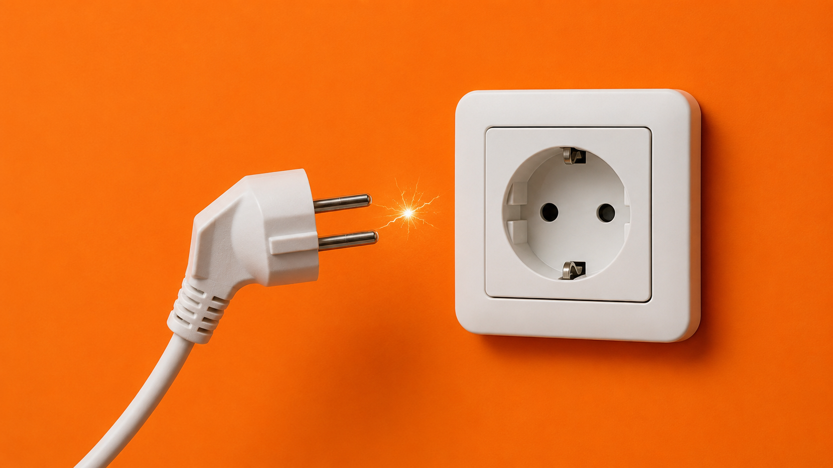 Ein aus der Steckdose gezogener Schuko-Stecker auf orangefarbenem Hintergrund, ein kleiner Funke springt über – Sinnbild für die Abschaltung von Fable 5.